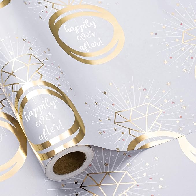 RUSPEPA Wedding Wrapping Paper Roll, Mini Roll, Gold Rings, Diamond Sparkle Design, Happy Ever After Elegant Gift Wrap for Bridal Shower, Wedding, Bachelorette Party, Engagement, 17 Inches x 16.4 Feet