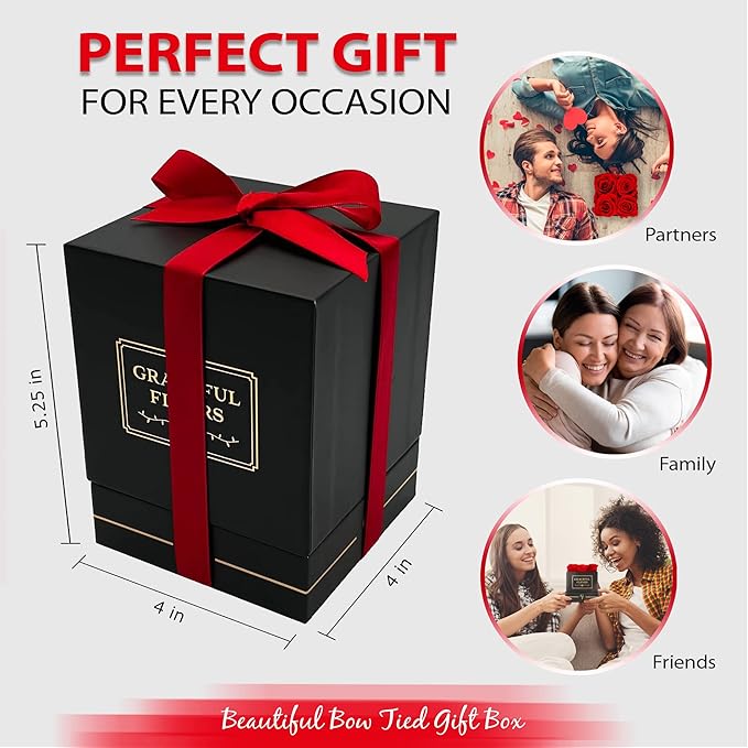 Graceful Fleurs | Real Long Lasting Roses for Years | Preserved Fresh Flowers for Delivery Birthday | Birthday Gifts for Women | Forever Roses in a Box (Red, Black Box, 4 Roses)