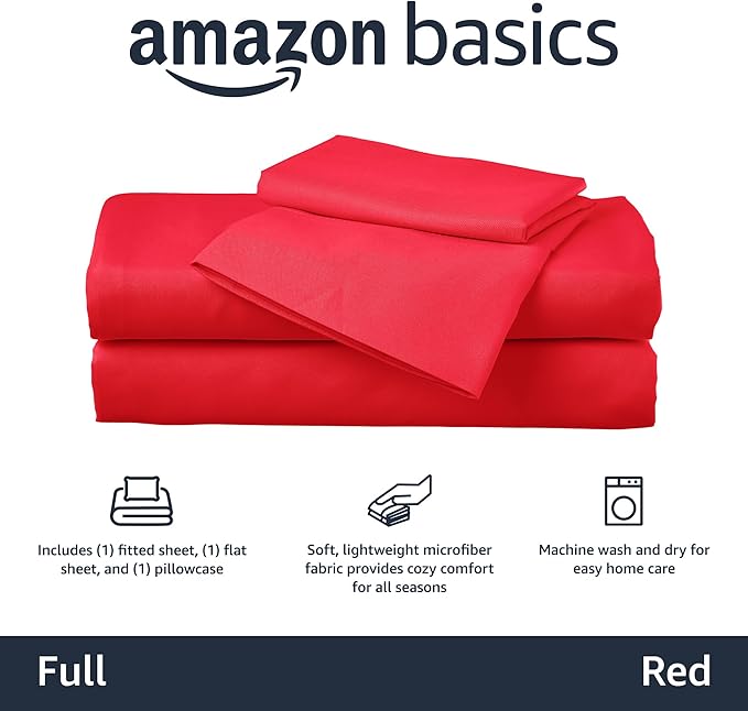 Amazon Basics Kid's Soft Easy-Wash Lightweight Microfiber 4-Piece Sheet Set, Full, Red, Solid