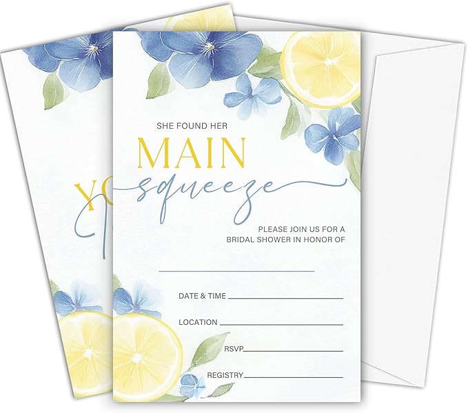 Main Squeeze Bridal Shower Invitations, Set of 25 Lemon Citrus Summer Bridal Shower Invites with Envelopes for Engagement Wedding Party-A10