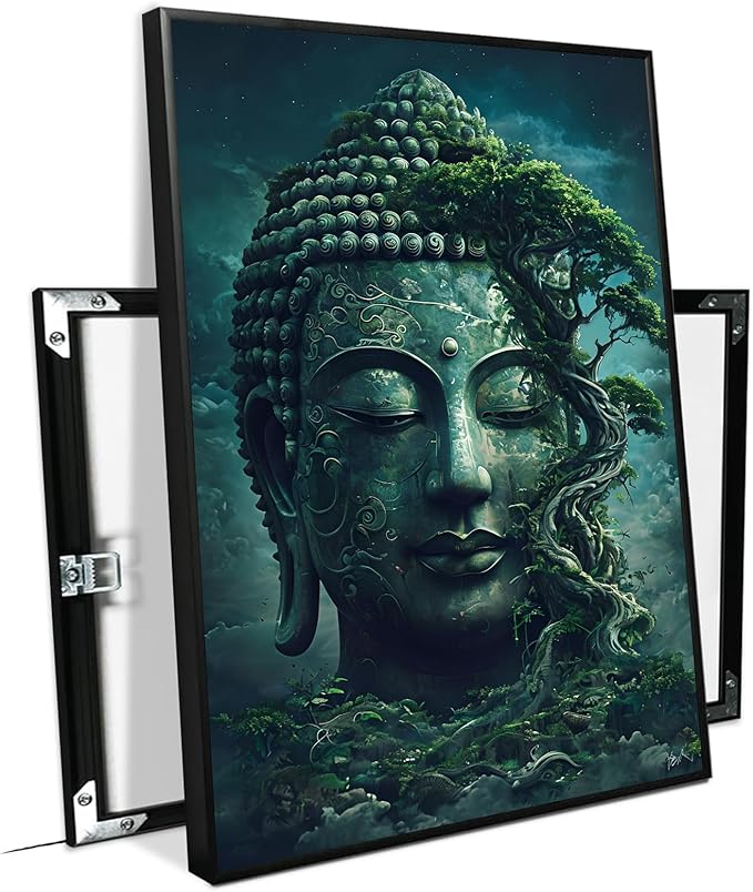 Buddha statue wall art canvas wall decor aesthetic picture mystical nature art for tranquil home and spiritual space 12x18in Metal blackFramed