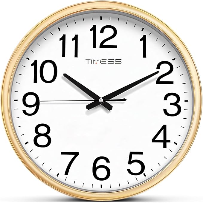 Wall Clock, 16 Inch Large Dial Non-Ticking Silent Battery Operated Quality Analog, Ultra-Quiet Movement Quartz, Timeless Stylish Clock, Ideal Modern Home, Office Décor (Gold)