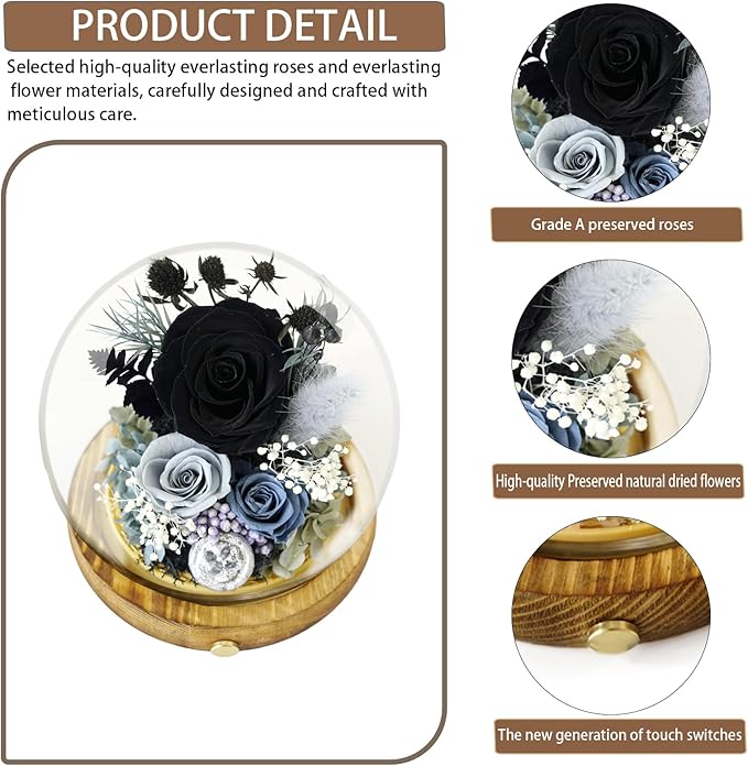 Preserved Real Rose Flowers in Glass Dome with LED Lights,Real Rose Flowers Unique Floral Gift for Girlfriend Mom Wife Girlfriend on Christmas Birthday Anniversary (Elegant Black)