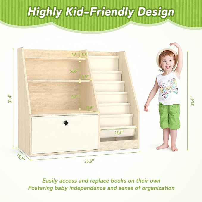 TOETOL Kids Bookshelf & Book Storage，6 Sling Wooden Toddler Book Shelf，3-Tier Wooden Open Bookcase & Storage Organizer Boxes for Nursery, Playroom, Bedroom