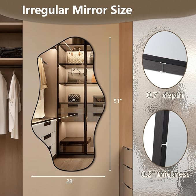 Mirrorons Irregular Wall Mirror 51×28, Black Asymmetrical Decorative Bathroom Mirror, Cloud Mirror, Modern Vanity Mirror, Shatterproof Black Mirror