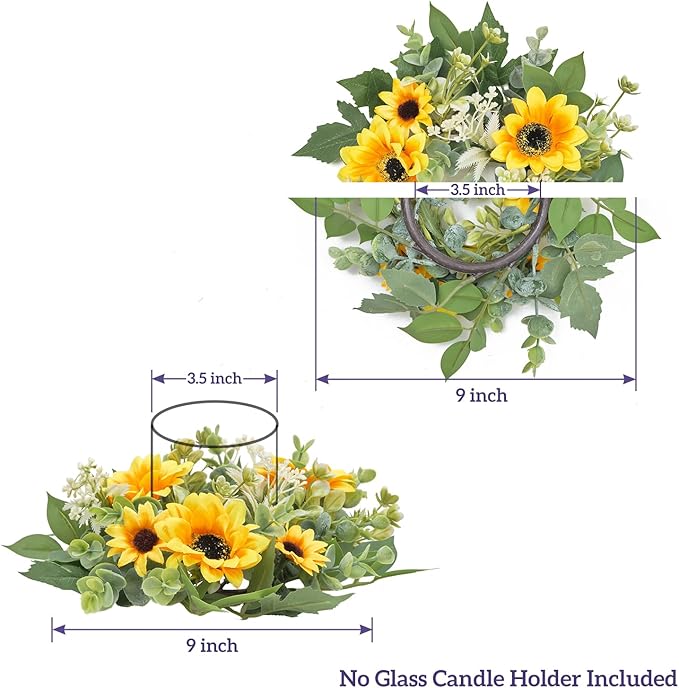 WELL KNOWN 2 Pcs Mini Spring Floral Candle Rings Wreaths for Pillars Home Table Window Decor, 9 Inches Artificial Flower Cabinet Wreath for Kitchen Farmhouse Wedding Party (Yellow Sunflower)
