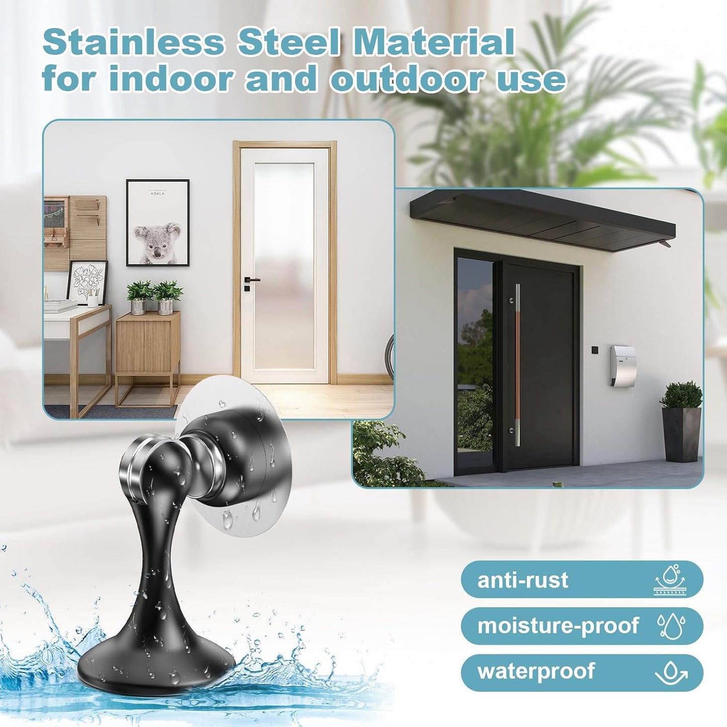 Skiennix Magnetic Door Stoppers - Stainless Steel Wall & Floor Mounting | No Drilling, 2 Pack, Black