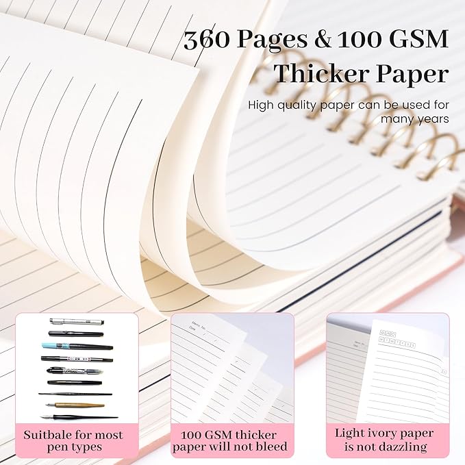 FLYING EAGLE Leather Spiral Notebooks for Work 5 Subject Notebook College Ruled with Dividers Pen, 360 Pages B5 Hardcover Lined Journals for Women Men Writing,Pink