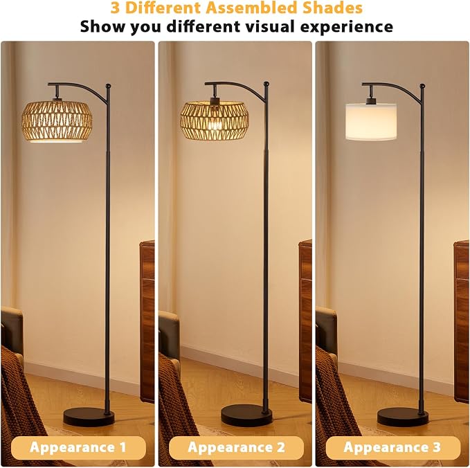 Ambimall Arc Floor Lamp for Living Room with Remote, Color Temperature & Brightness Adjustable, Bohemia Standing Lamp with Rattan & Fabric Double Drum Shades, Bulb Included(Black)