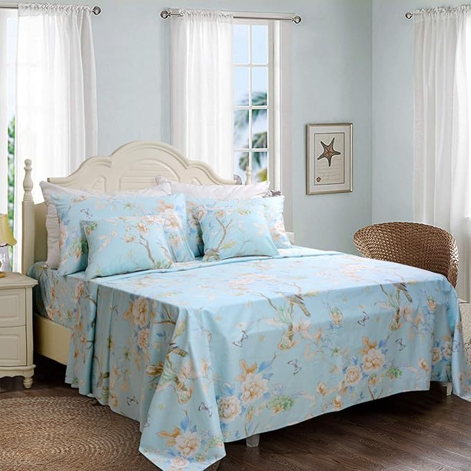 FADFAY Floral Bedding Shabby Blue Bird Print Bed Sheet Set Luxury Bedding Collections 800 Thread Count 100% Egyptian Cotton Deep Pocket, 4 Piece-Twin Size