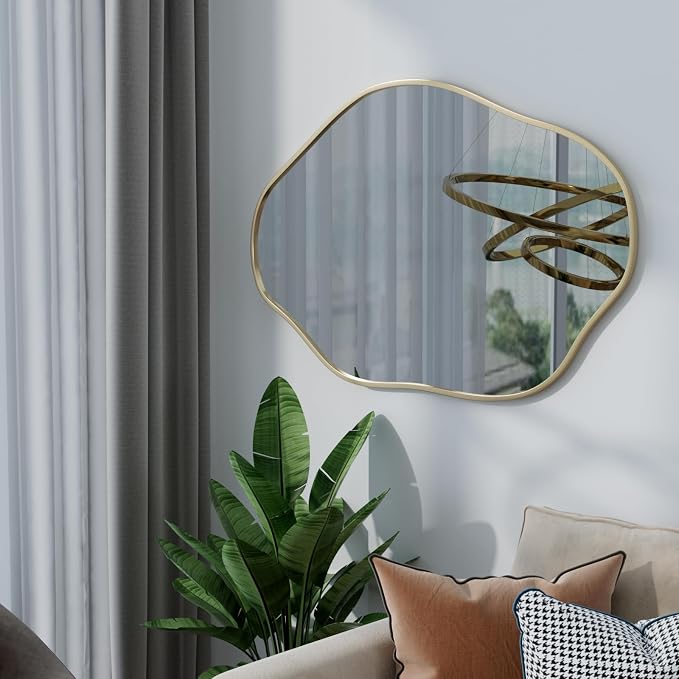 24"x36" Irregular Wall Mirror Cloud Asymmetrical Shaped Gold Aluminum Alloy Framed Mirror for Living Room Bathroom Bedroom Entryway Fireplace