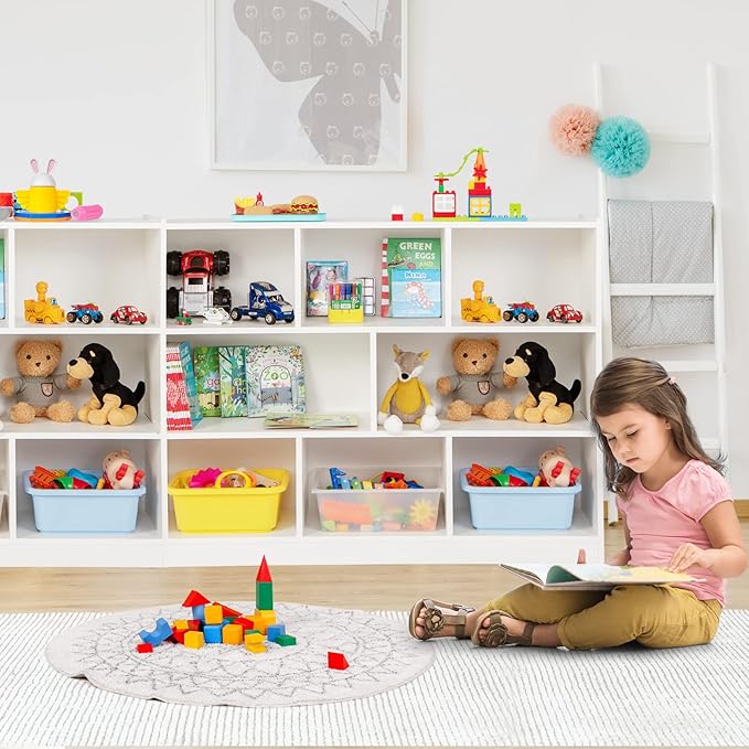 KOTEK Toy Storage Organizer, 8 Cubby Kids Bookshelf, Wooden 4-Tier Bookcase Storage Cabinet, Open Display Book Shelf for Daycare, Nursery, School Classroom, Playroom & Bedroom (White, 8 Cubes)