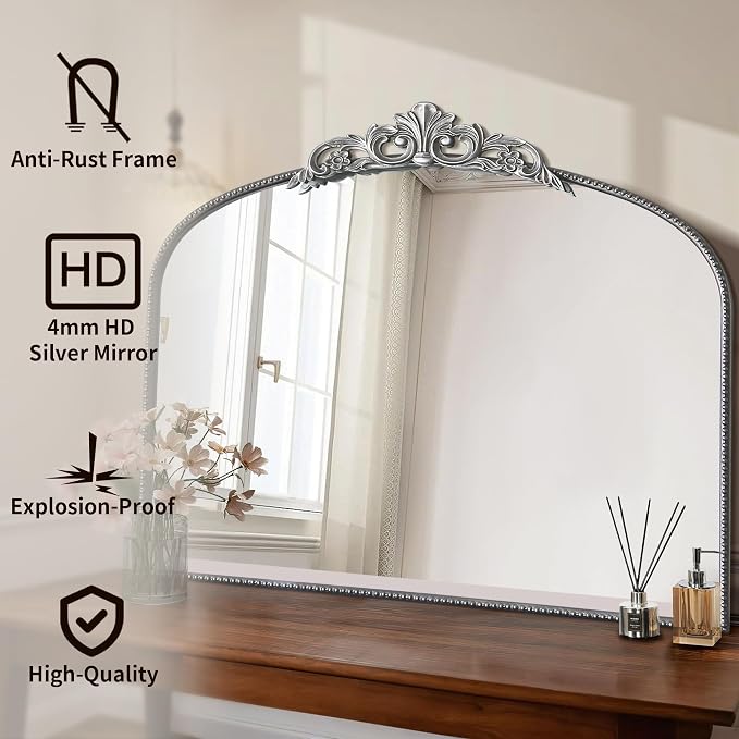 Micasso Large Vintage Silver Mirror: 40"x29" French Baroque Antique Arched Mirror - Traditional Ornate Decorative for Wall/Fireplace/Mantel/Entryway/Bathroom/Hallway - Home Decor for Living Room