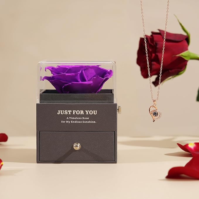 Preserved Rose Gifts for Mom Birthday – Forever Real Rose Music Box for Women – You Are My Sunshine Gifts for Mom Grandma Wife Girlfriend – Eternal Roses Box with I Love You Necklace in 100 Languages