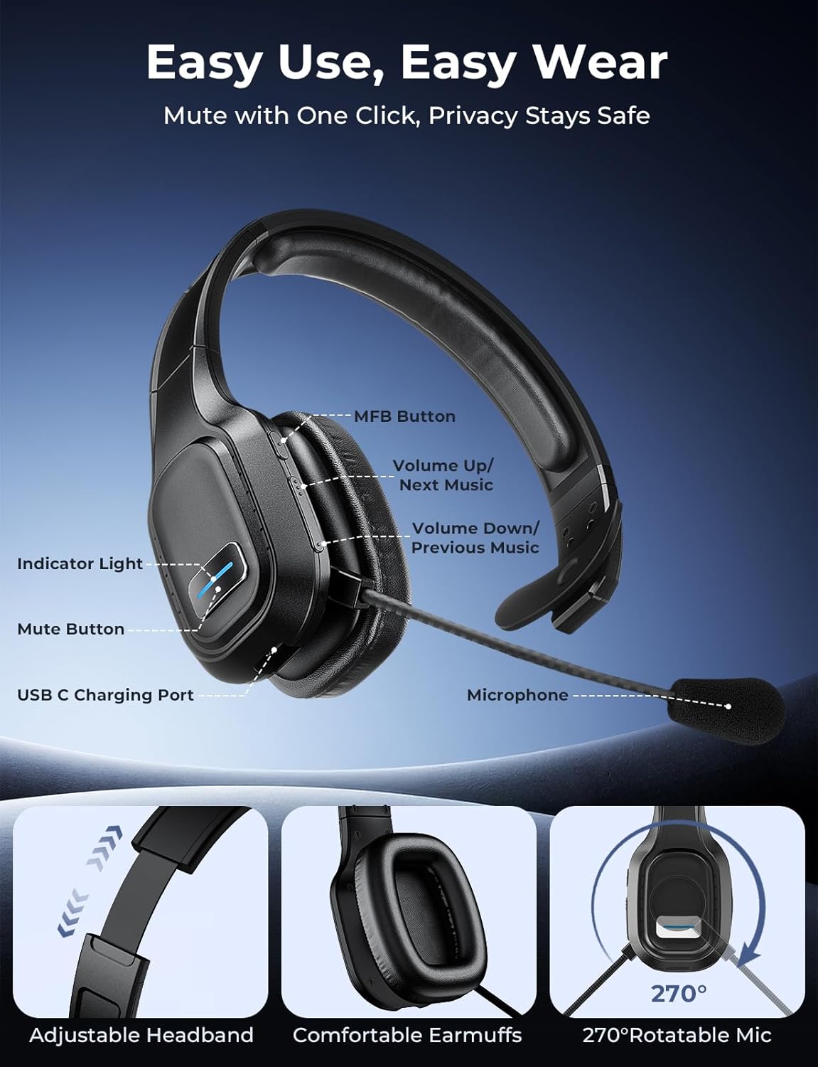 Skiennix Bluetooth Headset - 60 Hours Noise-Canceling Wireless Headphones with Mic & Mute | Ideal for Truck Drivers & Office Use