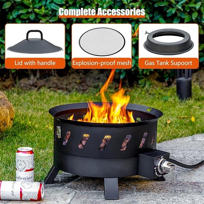 EcoNook 17.3 inch Portable Propane Fire Pits, Gas Fire Pit Bowl for Outside with Lid & Handle, Smokeless Gas Firebowl,Propane Firepit for Camping, Patio, Yard, Garden