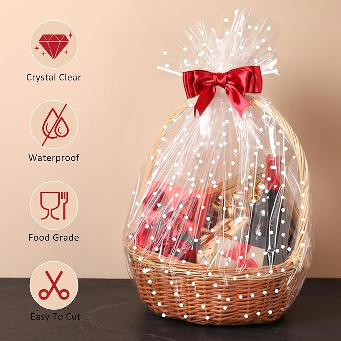 Mauproy 34 In x 100 Ft Clear Cellophane Wrap Roll, Extra Wide, 2.5 Mil Thick Transparent Wrapping Paper with Irregular White Dot for Baskets, Flower Bouquets, Gifts, Treats (34" Fold into 17")