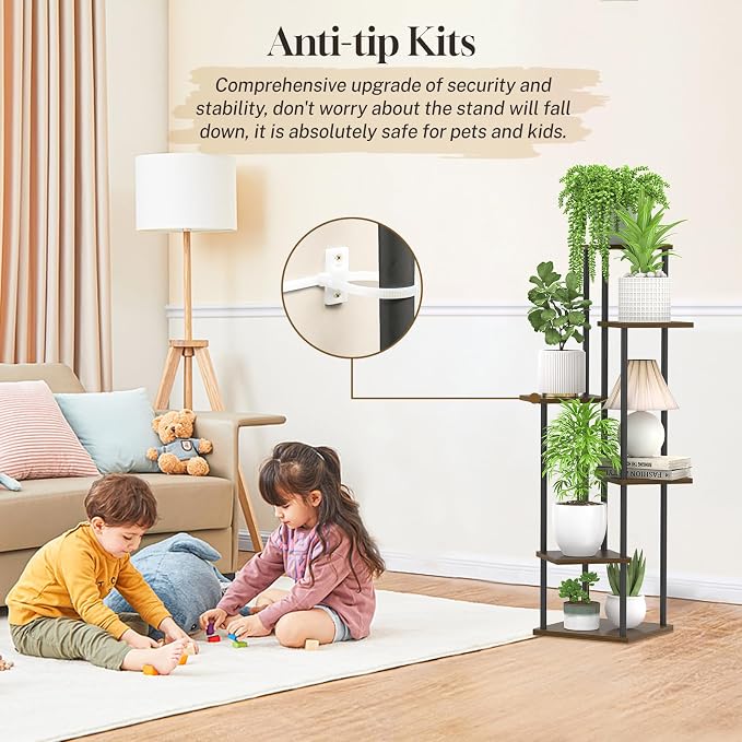 Oppro 6 Tier Plant Stand Indoor Outdoor, Tall Metal Wood Muti-Level Planter Shelf Holder, Sturdy Large Vertical Corner Orchid Flower Pot Display Rack for Narrow House Decor Office Living Room Bedroom, Oak