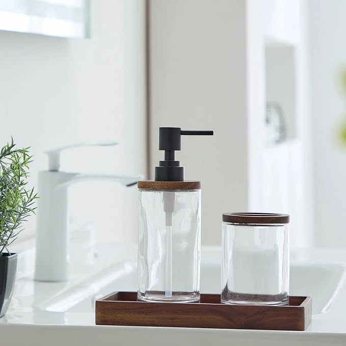 Acacia Wood and Glass Bathroom Accessory Set, 3 Piece Set, Soap Dispenser, Toothbrush Holder and Tray Included