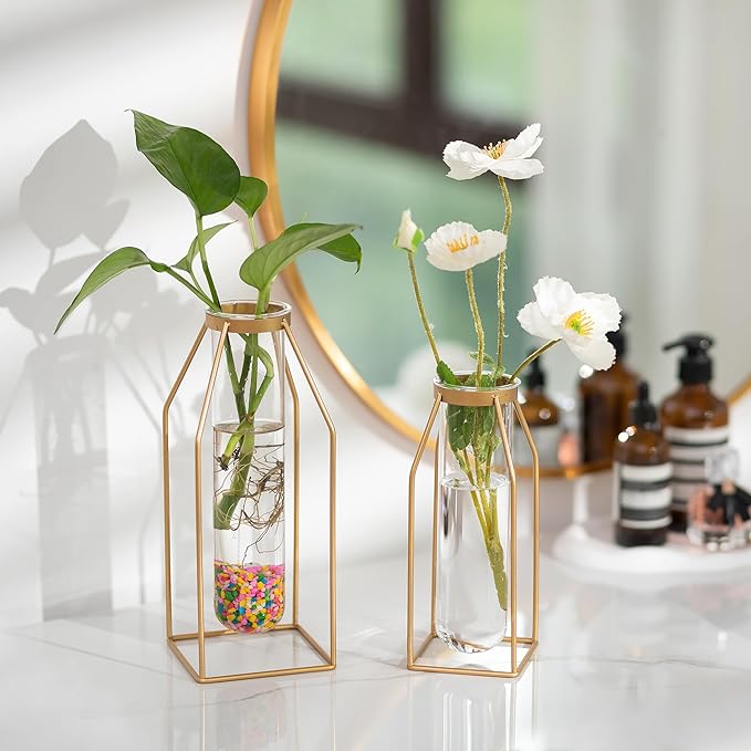 Sziqiqi Metal Flower Vase Table Decor - Gold Frame Vase with Glass Test Tubes 8"/10" Modern Bud Vase for Coffee Table Living Room Abstract Geometric Art Vase for Rose Hydroponic Plant Pampas
