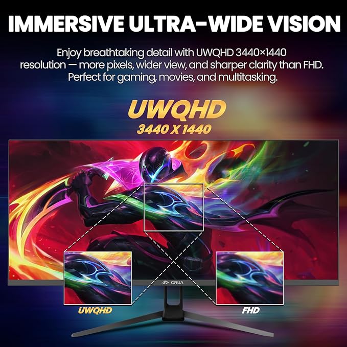 CRUA 34'' Gaming Monitor 165Hz/144Hz, UWQHD 3440x1440P IPS Ultrawide Screen Computer Monitors with Built-in Speakers, Supports FreeSync, 120% sRGB, PIP/PBP, HDMI2.0 & DP1.4, Wall Mount&Tilt Adjustable