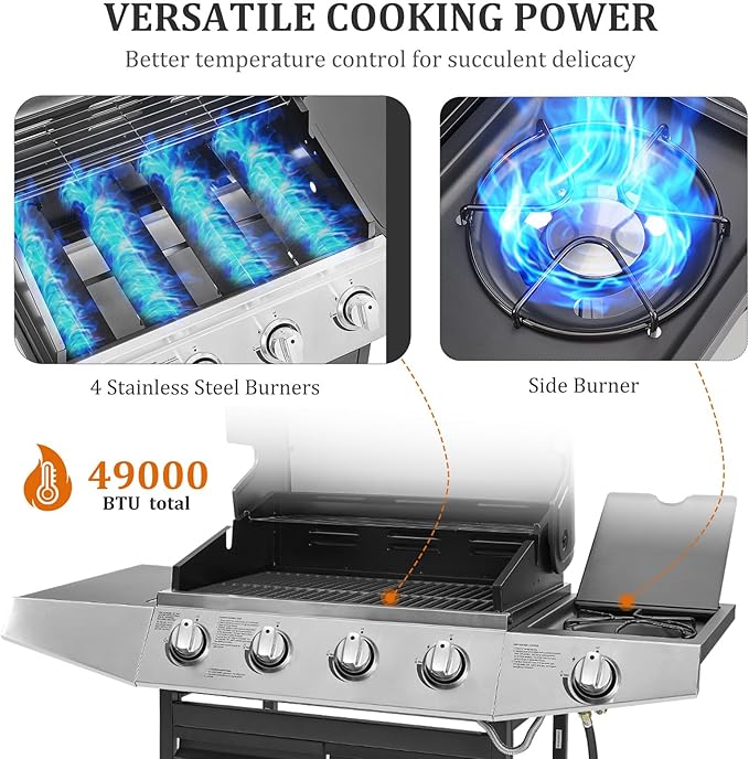 Unovivy 4-Burner Propane Gas BBQ Grill with Side Burner & Porcelain-Enameled Cast Iron Grates Built-in Thermometer, 49,000 BTU Outdoor Cooking, Patio, Garden Barbecue Grill, Black and Silver