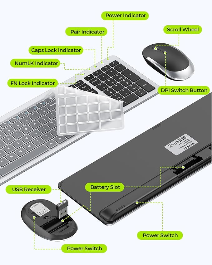 seenda Wireless Keyboard and Mouse Combo Full Size Slim Thin Wireless Keyboard Mouse with On/Off Switch on Both Keyboard and Mouse - (Black and Silver)