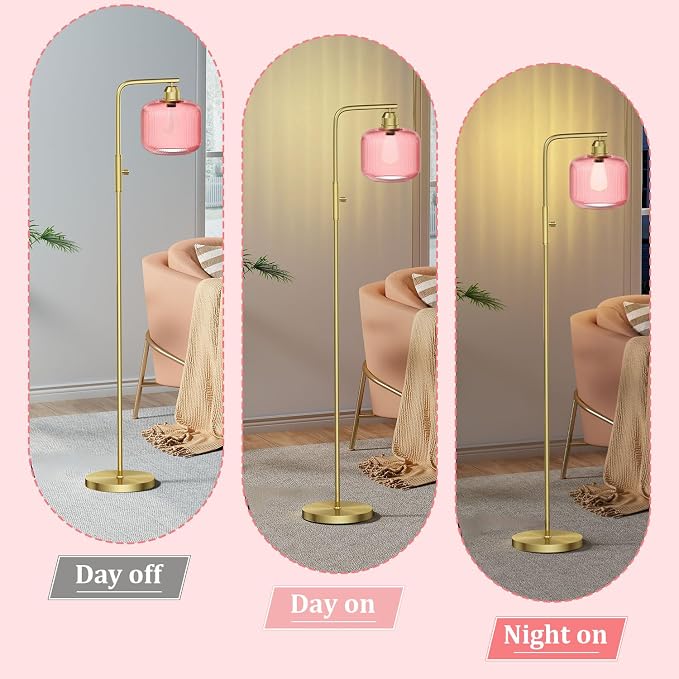 Glass Floor Lamp for Living Room, Modern Standing Lamp with Pink Ribbed Glass Lampshade&Brushed Gold, Stepless Dimmable and Rotary Switch, 66” Tall Lamp & Gold Floor Lamp for Bedroom Study Room, Pink