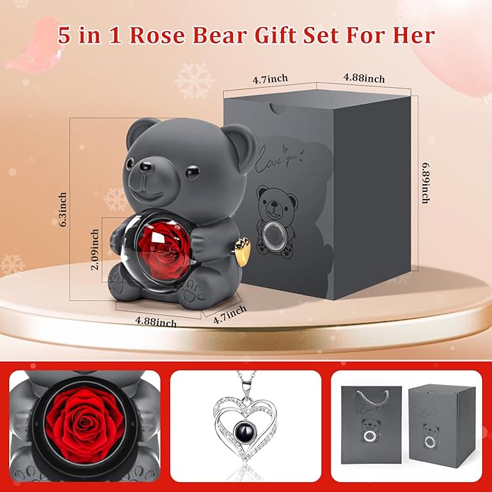 HITOP Rose Gifts for Women - Cute Teddy Bear with Preserved Real Roses Forever Flowers and I Love You in 100 Languages Necklace for Girlfriend Her Wife Mom Grandma on Birthdays, Anniversaries