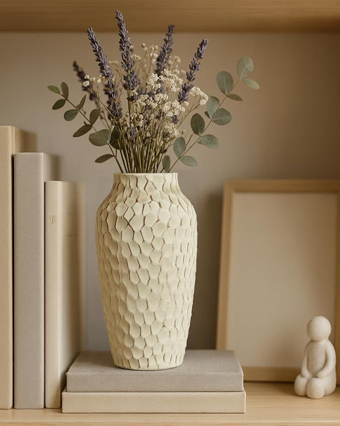 Rustic Beige Ceramic Vase for Flowers, Distressed Textured Vintage Farmhouse Decorative Vase for Pampas Grass, Eucalyptus, Table Centerpiece & Fall Home Decor