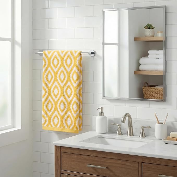 Artoid Mode 1 Pc Beige Yellow Diamond Grid Jacquard Hand Towels for Bathroom, 100% Cotton Soft Absorbent Bathroom Decor Towels, 13.7 x 29.5 Inch
