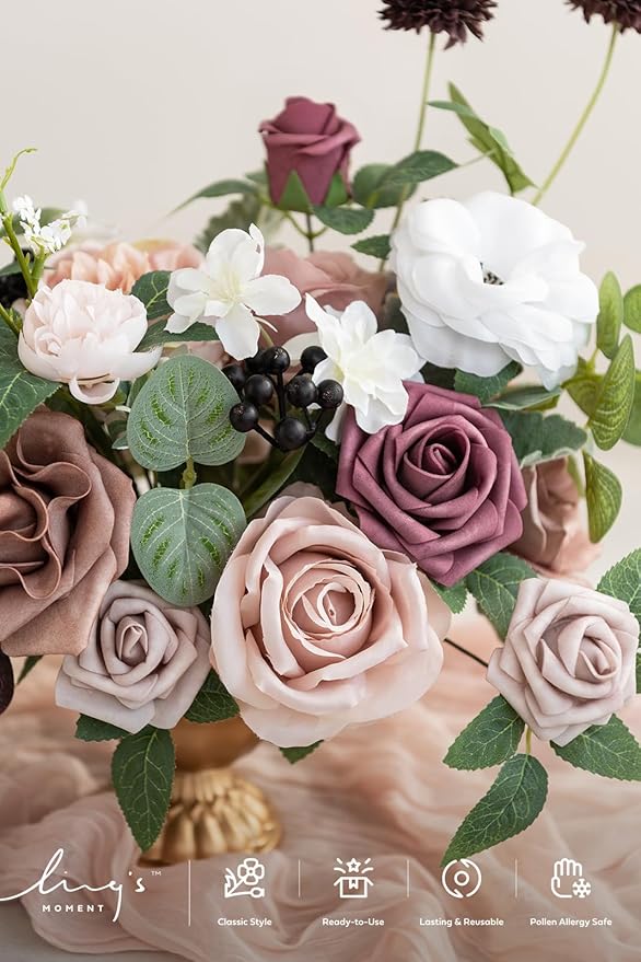 Ling's moment Dusty Rose & Mauve Artificial Flowers with Vase Wedding Decor Centerpiece Flower Potted for Ceremony Reception Tabletop Desk Flowers Mantel Archway Aisle, Fake Flowers Set of 2