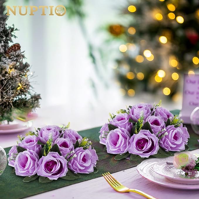 NUPTIO Artificial Flower Centrepieces for Tables - 10 Pcs Lilac Fake Flowers Roses Balls 9.5in Diameter - Silk Faux Rose Arrangement for Wedding Party Centerpiece Table Decor