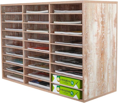PAG Mail Sorter - Wood Literature Organizer with 27 Compartments | Retro White Desktop Mailbox for Home & Office