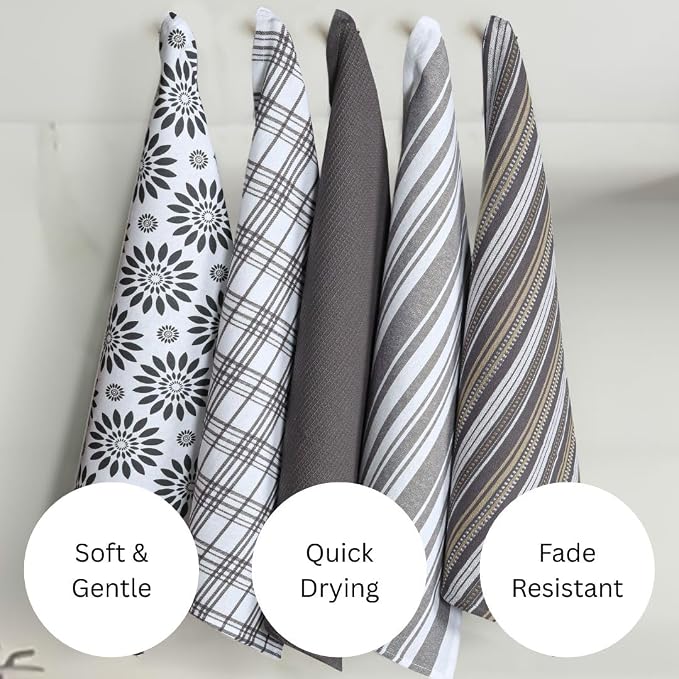 Assorted Kitchen Towels Set of 5-100% Cotton Dish Cloths Towels with Hanging Loop - Soft, Absorbent & Washable for Kitchen Use - Quick Drying Dish Towels 16x26 Inch Grey