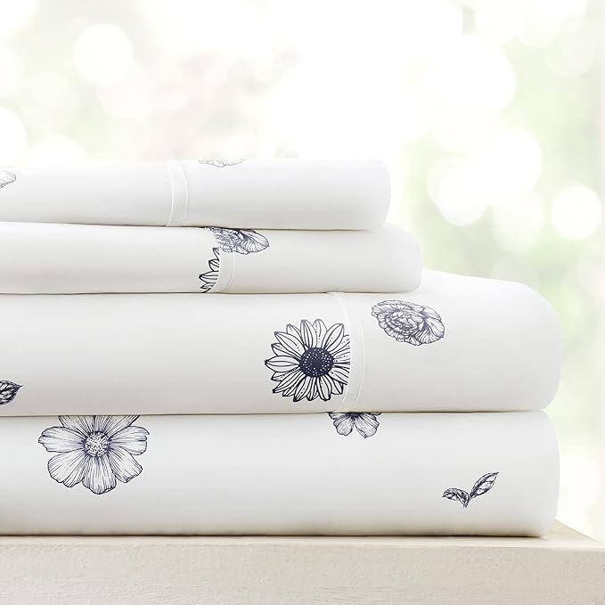 Linen Market Double-Brushed Patterned Microfiber Twin Sheet Set 3 Piece – Oeko-TEX Certified Ultra Soft & Wrinkle-Free - 16" Deep Pocket Sheets - Easy Care Twin Size - Indigo Flowers Navy