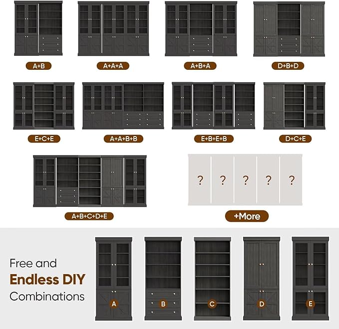 Vyre 70.8" Tall Bookshelf with Doors, Farmhouse Modular Bookcase with 4-Tier Adjustable Shelves, Large Storage Cabinet for Home Office, Living Room, Black, Set of 3