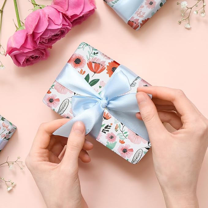 RayofSun Pink Floral Wrapping Paper Roll 17 in x 32 ft Mini Roll All Occasion Wildflower Flower Green leaves Gift Wrap Paper for Wedding Birthday Bridal Shower Party Wrapping Supplies
