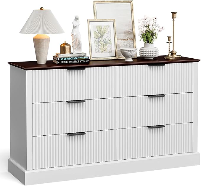 Dresser for Bedroom with 6 Fluted Drawers, 51.9" Wide Chest of Drawers with Mid-Century Design, Wood Dresser for Closet with Metal Handle, White & Walnut