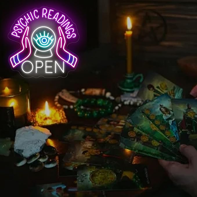 Psychic Readings Open Neon Sign, Palm Reader Wall Light, Home Wall Decor, Yoga Led Sign, Exercise Room Wall Decor, Pilates Studio Art Meditation Room Wall Art Psychic Chakras Healing Exercise