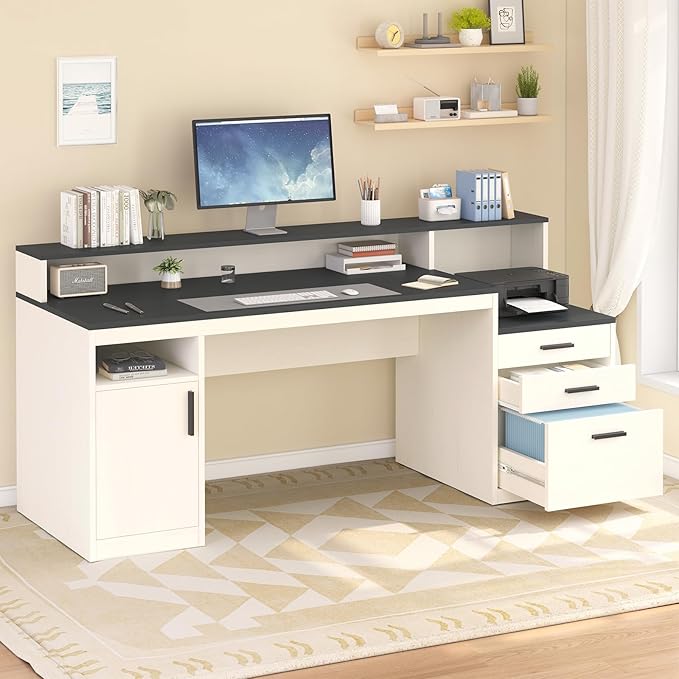 65 Inch Computer Desk with 3 Drawers & Storage Shelves, Executive Desk with File Drawer & Cabinet, Home Office Desk with Long Monitor Stand & Printer Shelf, Black & White