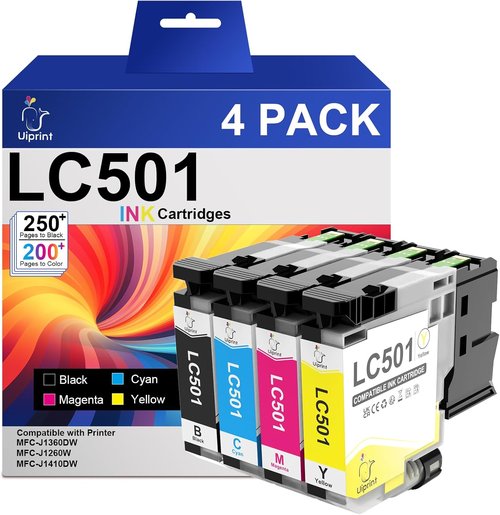 Brother LC501 Ink Cartridges - High Yield Replacement for MFC-J1360DW, MFC-J1410DW | Black, Cyan, Magenta, Yellow