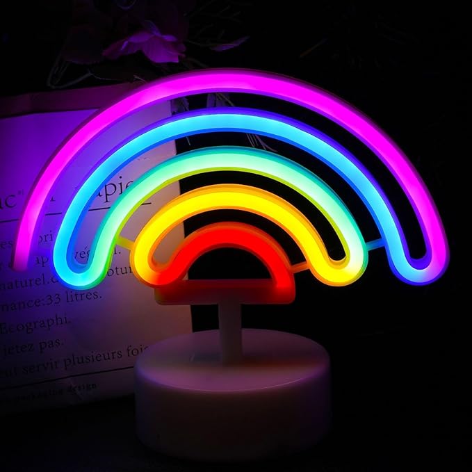 Multicolor Rainbow Neon Lights - Outdoor/Indoor LED Neon Sign, Battery or USB Powered, Table Decorations for Room, Dorm, Wedding, Bedroom, Classroom Decor