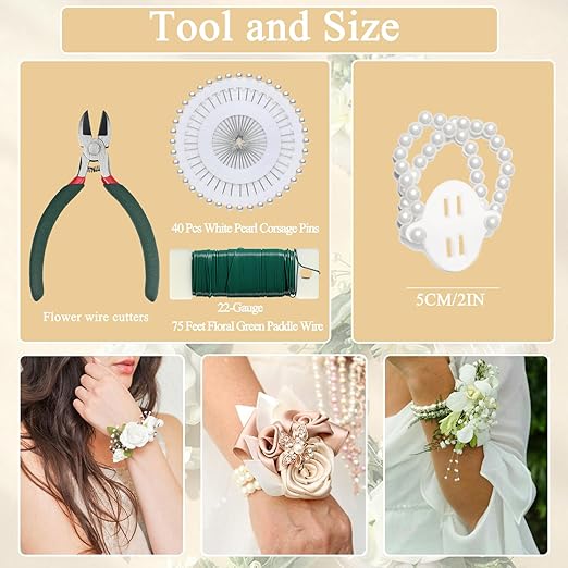 Floral Tape and Boutonniere Kit with Green Floral Tape, Floral Wire, Boutonniere Flower pin, Wire Cutter and Elastic Pearl Wrist Corsage Bands for Bouquet Supplies