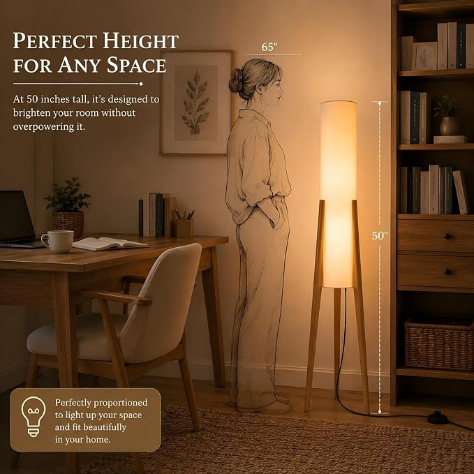 BOFEA-50 Floor Lamps for Living Room,Nordic Modern Floor Lamp,Tall Standing Boho Lamp with Fabric Shade,3 Color Art Standing Lamps,Farmhouse Wood Floor Lamp for Bedroom Office Corner