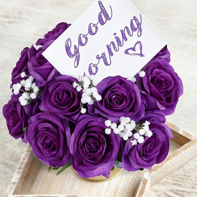 Kisflower 12Pcs Roses Artificial Flowers Purple Flowers Realistic Single Stem Flowers Silk Rose Bouquet for Wedding Party Office Home Decor (Purple)
