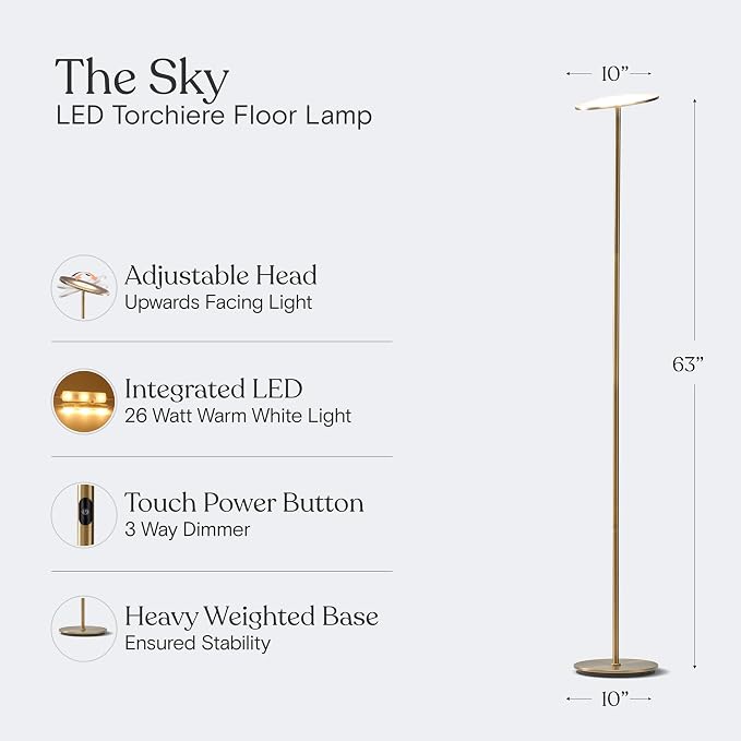 Brightech Sky LED Floor lamp, Torchiere Super Bright Floor Lamp for Living Room Decor & Office - Dimmable, Tall Standing Torch Lamp with Warm Light for Bedroom & Reading - Gold Brass
