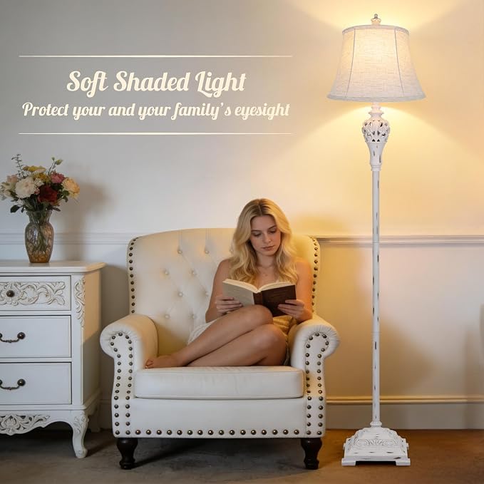Sucolite Vintage Floor Lamp for Living Room, Traditional Farmhouse Tall Standing Lamp, Mid-Century Antique Pole Lamp for Bedroom Reading with Off-White Linen Shade, Rustic Lighting Home Decor