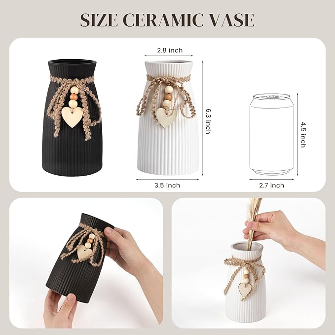 DomeStar White Flower Vase, Small Ceramic Vase Modern Home Decor with Grooves and Hanging Rope for Wedding Baby Shower Party Gift