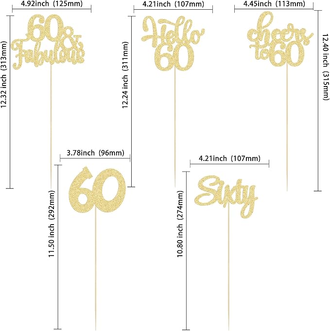 Gyufise 15Pcs 60th Birthday Centerpiece Sticks Sixty Happy 60th Table Flower Centerpieces Sticks Cheers to 60 Floral Decorations for 60th Birthday Party Centerpieces Supplies Gold